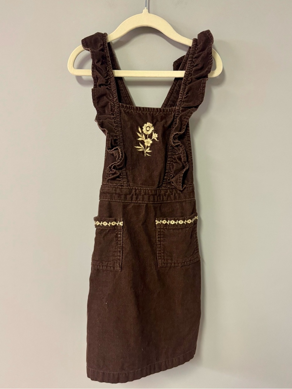 Old Navy Brown Corduroy Pinafore Dress with Cream Floral Embroidery